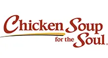 - The official logo for "Chicken Soup for the Soul." The brand name is written in a classic, dark red script font with an elegant cursive style. A thin, gold-colored swoosh or underline runs beneath the word "Chicken" and extends toward the word "Soul." The text "for the" appears in a smaller, matching red font nestled between the two larger lines of text. The entire logo is set against a solid white background.