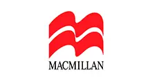 - The official logo for Macmillan. The design features a large, stylized red "M" composed of two bold, wavy horizontal bands that suggest the shape of an open book or a flag. Below the red emblem, the word "MACMILLAN" is written in a classic black serif capital letter font. The entire logo is centered against a solid white background.
