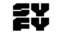- The official logo for the Syfy network in solid black. The design features a bold, geometric block font with the letters "S" and "Y" stacked on top of "F" and "Y." The letters have sharp, angular cuts and a heavy, futuristic weight. The entire logo is centered against a clean white background.