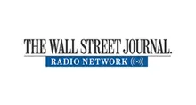 - The official logo for The Wall Street Journal Radio Network. The top portion features "THE WALL STREET JOURNAL." in its classic black serif font. Below it, a blue rectangular bar contains the words "RADIO NETWORK" in white capital letters, accompanied by a white broadcast signal icon on the right. The logo is set against a solid white background.