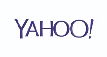 - The official logo for "YAHOO!" featuring the brand name in a bold, purple sans-serif font followed by an exclamation point. The text is set against a clean, solid white background, representing the well-known web services provider and search engine.
